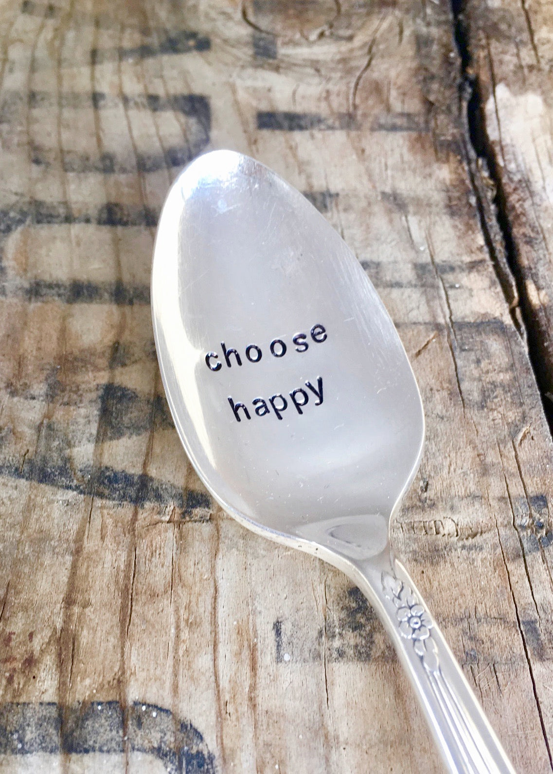 CHOOSE HAPPY - upcycled spoon, silver plated, recycled, hand-stamped
